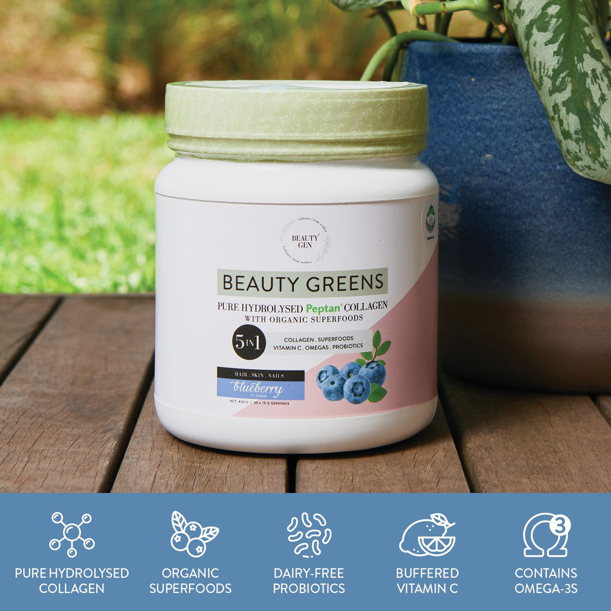 Beauty Gen Beauty Greens Blueberry 450g Probiotics 50 Organic Superfoods Vitamin C Omega3 
